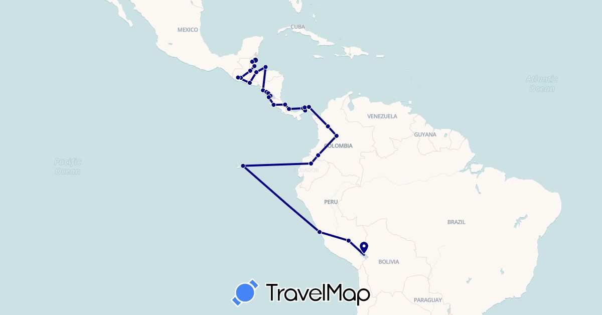 TravelMap itinerary: driving in Belize, Colombia, Costa Rica, Ecuador, Guatemala, Honduras, Nicaragua, Panama, Peru, El Salvador (North America, South America)